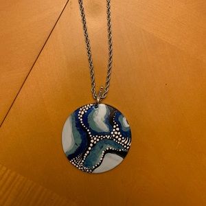 Hand painted large round shell pendant necklace.